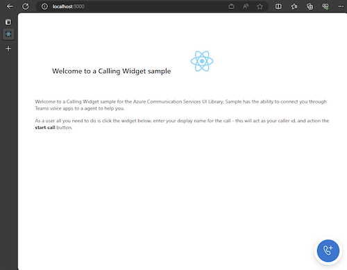 Screenshot of calling widget sample app home page widget closed.
