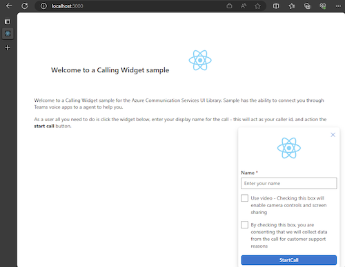 Home page of Calling Widget sample app