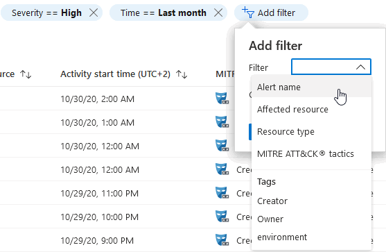 Screenshot that shows you how to add filters to the alerts view.