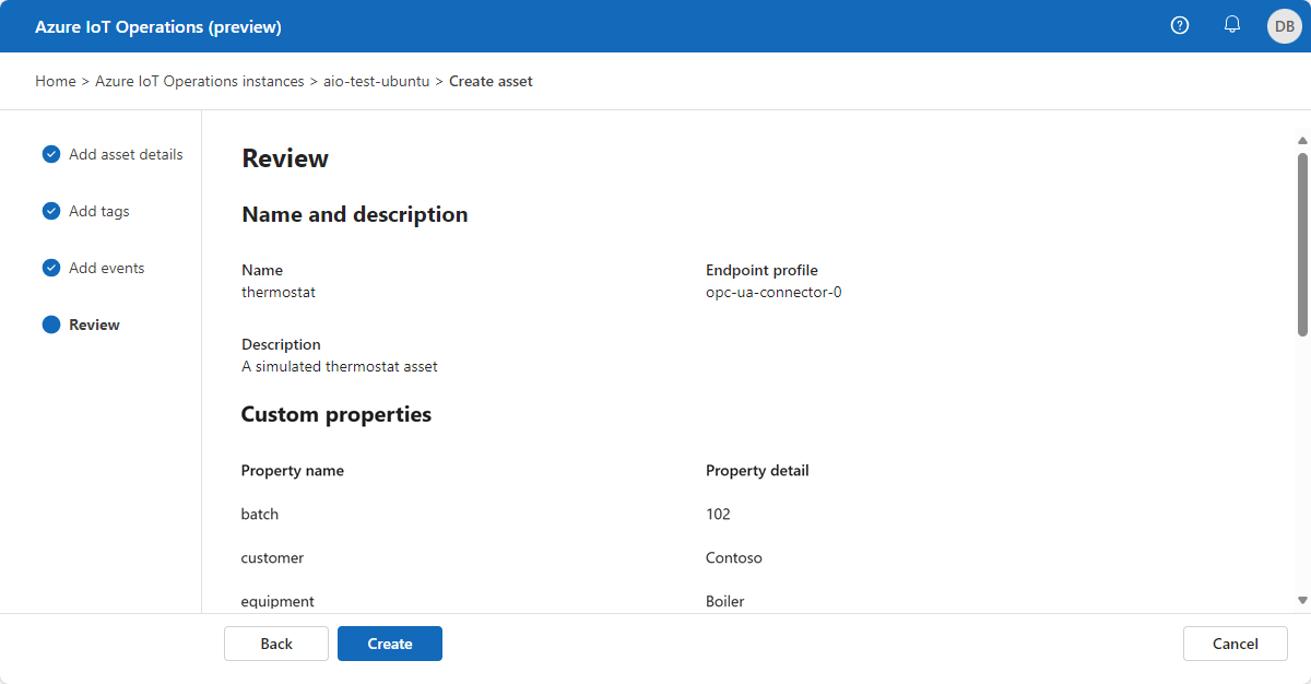 Screenshot of Azure IoT Operations create asset review page.