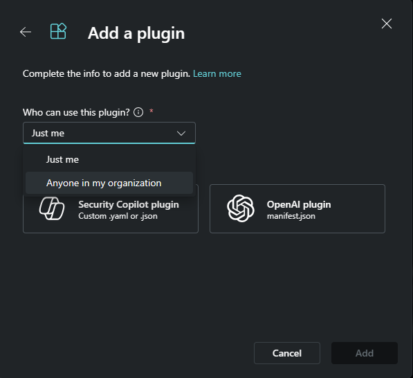 Screenshot that shows adding a plugin as an owner.