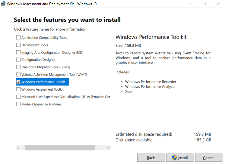 The Windows Performance Analyzer installer's feature selection screen.