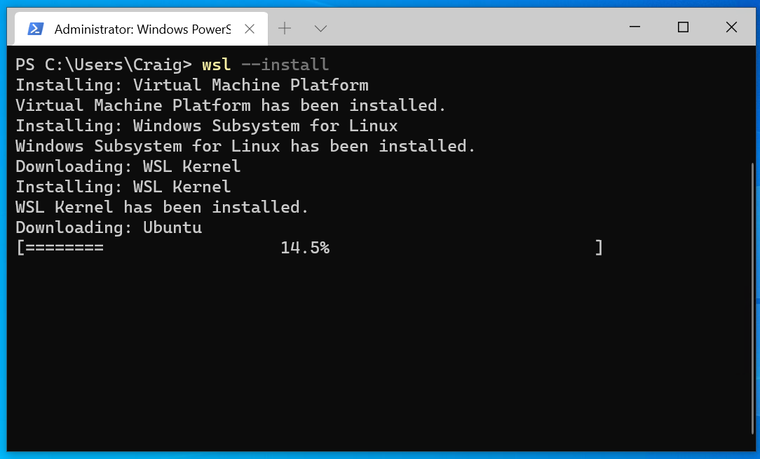 WSL install command screenshot