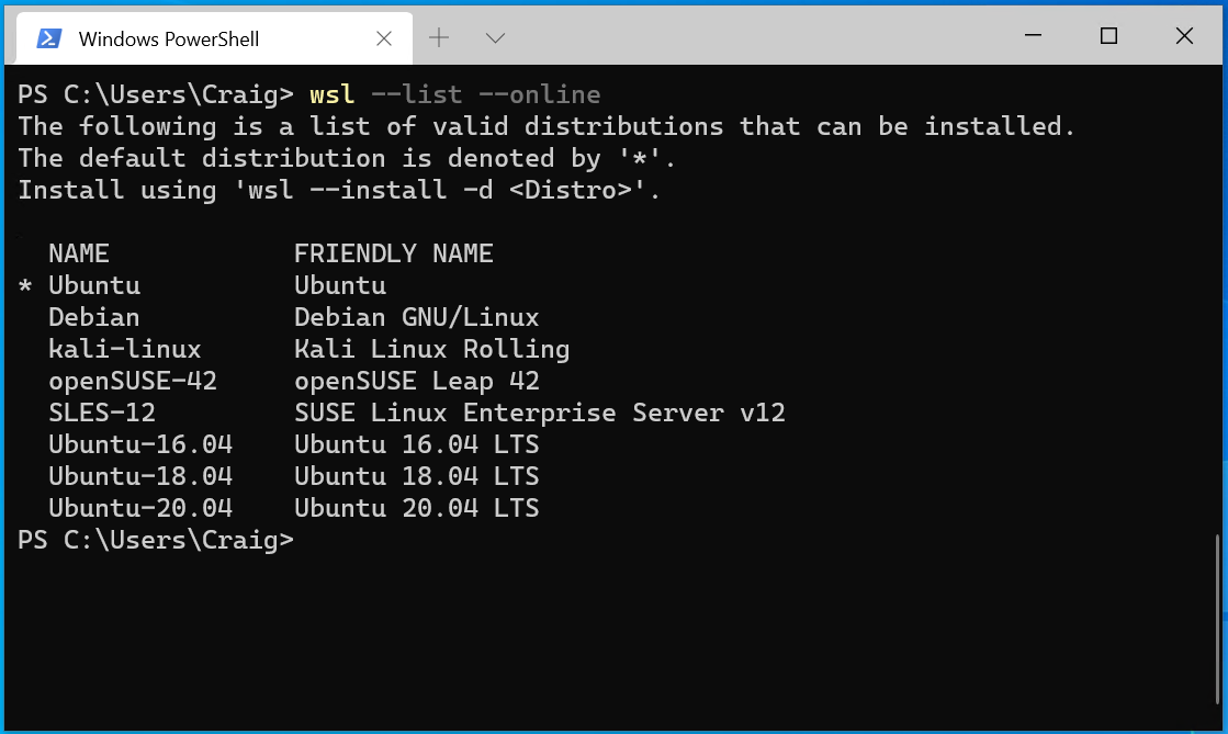 WSL Linux Install List Command screenshot