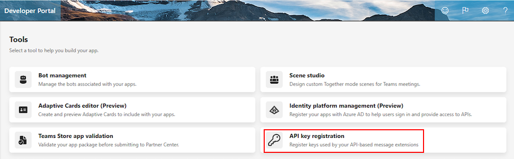 Screenshot shows the API key registration option in Developer Portal for Teams.