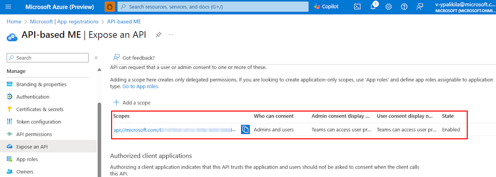 Screenshot shows an example of the scope added to the app in Azure portal.