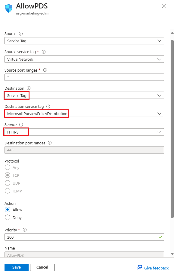 Screenshot shows how to configure outbound security rule to Purview