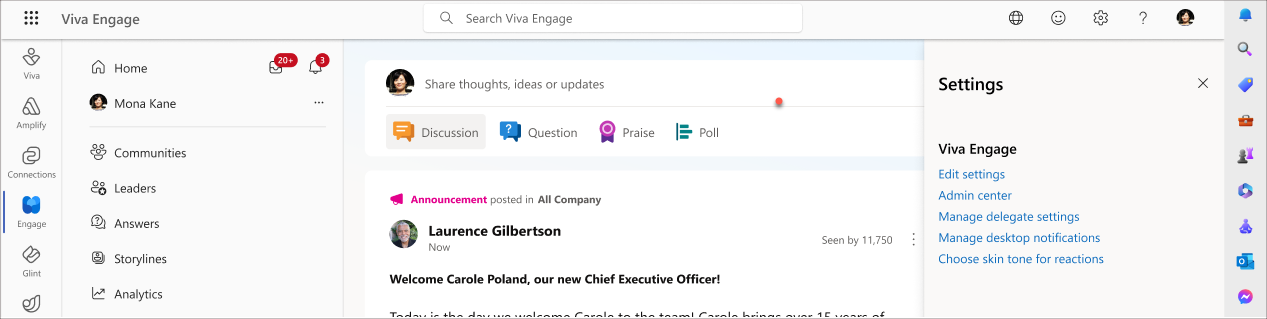 Screenshot shows the entry point to the Viva Engage admin center on the web at engage.cloud.microsoft/main/admin.