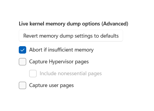 Screenshot of Task Manager live memory dump advanced options user interface.
