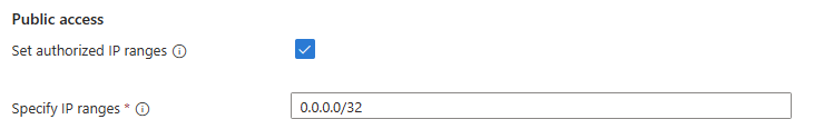 This screenshot shows the cluster resource's specify IP ranges networking settings Azure portal page set to allow only the outbound public IP of the load balancer.