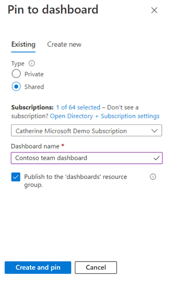 Screenshot of selecting an existing dashboard to pin your changes to. 