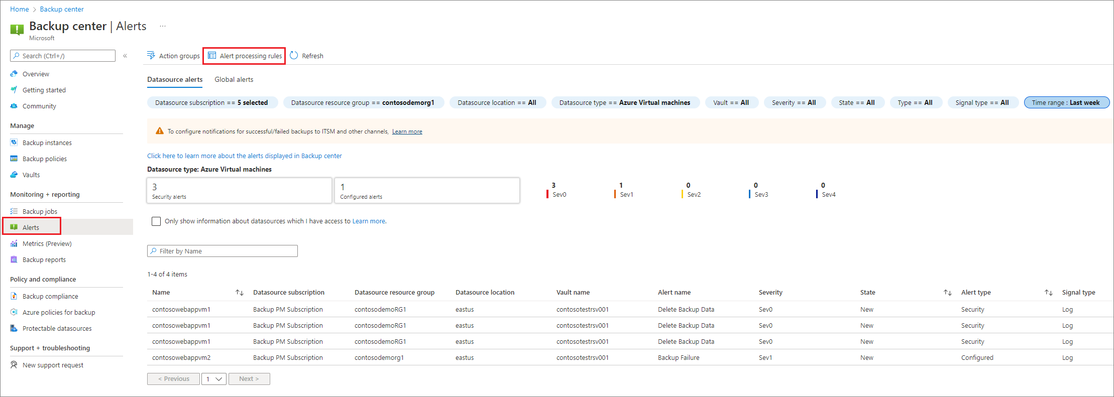 Screenshot showing alert processing rules blade in portal.