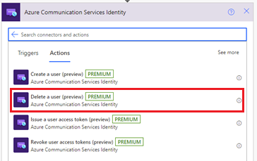 Screenshot that shows the Azure Communication Services Identity connector Delete user action.