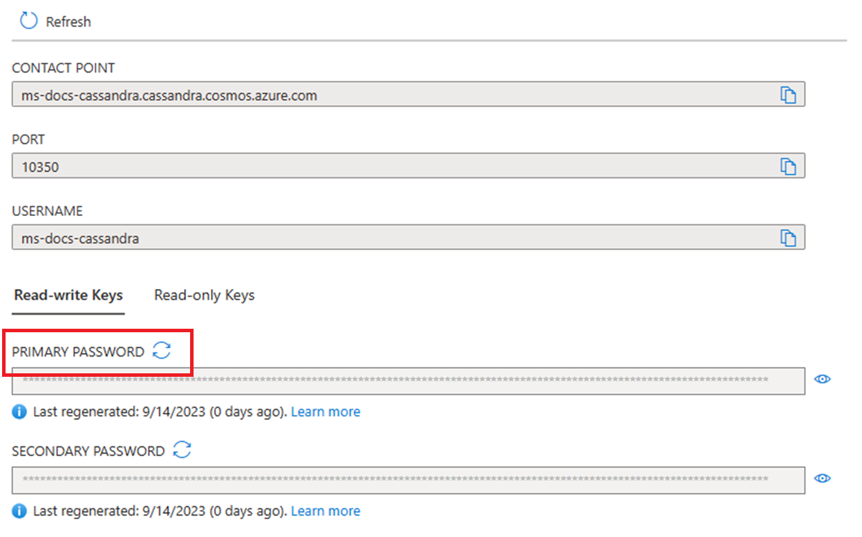 Screenshot that shows how to regenerate the primary key in the Azure portal when used with Cassandra.
