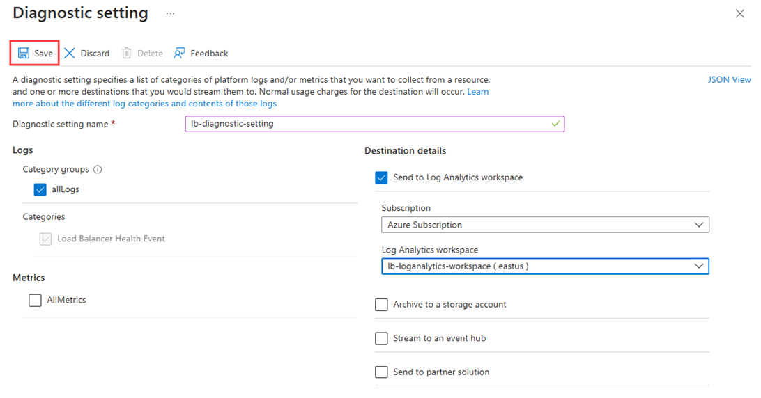 Screenshot of diagnostic settings configuration page configure for allLogs and log analytics workspace.