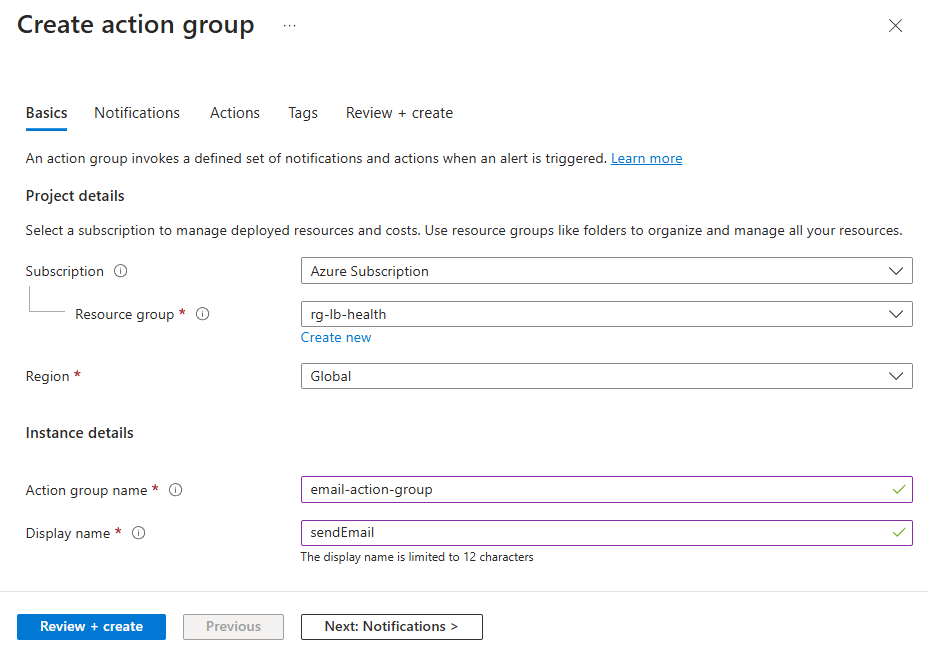 Screenshot of Create action group window.