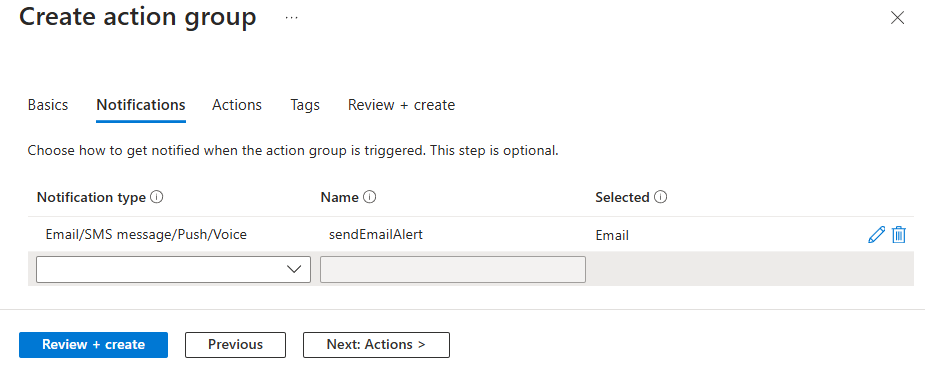 Screenshot of Notifications tab in Create action group window with email notification settings.