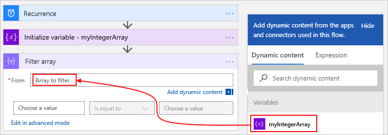 Screenshot showing the designer for a Consumption workflow, the "Filter array" action, and the selected input to use.