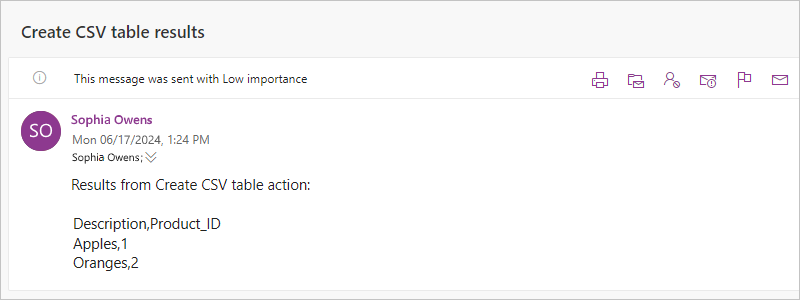 Screenshot showing an email with the "Create CSV table" action results.