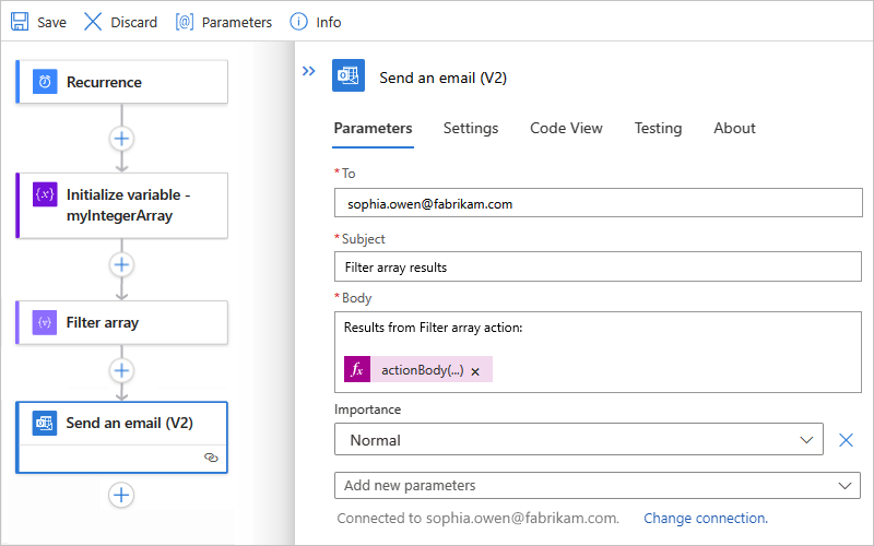 Screenshot showing a Standard workflow with the finished "Send an email" action for the "Filter array" action.