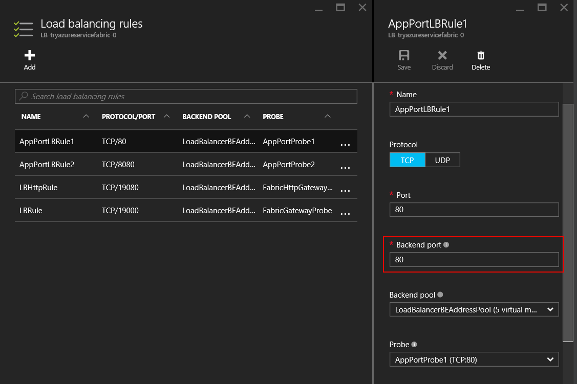 Screenshot that highlights the Backend port field under Load balancing rules.