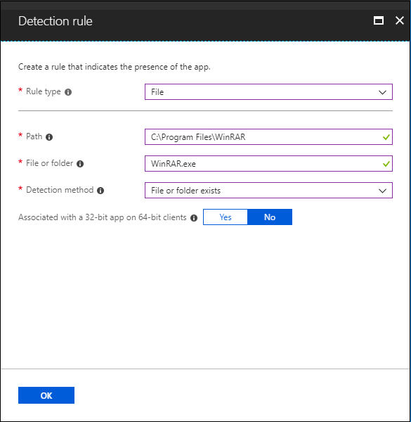 Screenshot of detection rule pane - file existence.