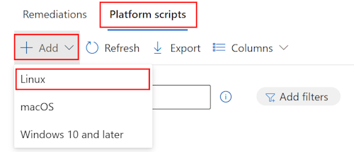 Screenshot that shows how to select devices, scripts, add, and select Linux from the drop-down list to add a custom Bash script in Microsoft Intune.