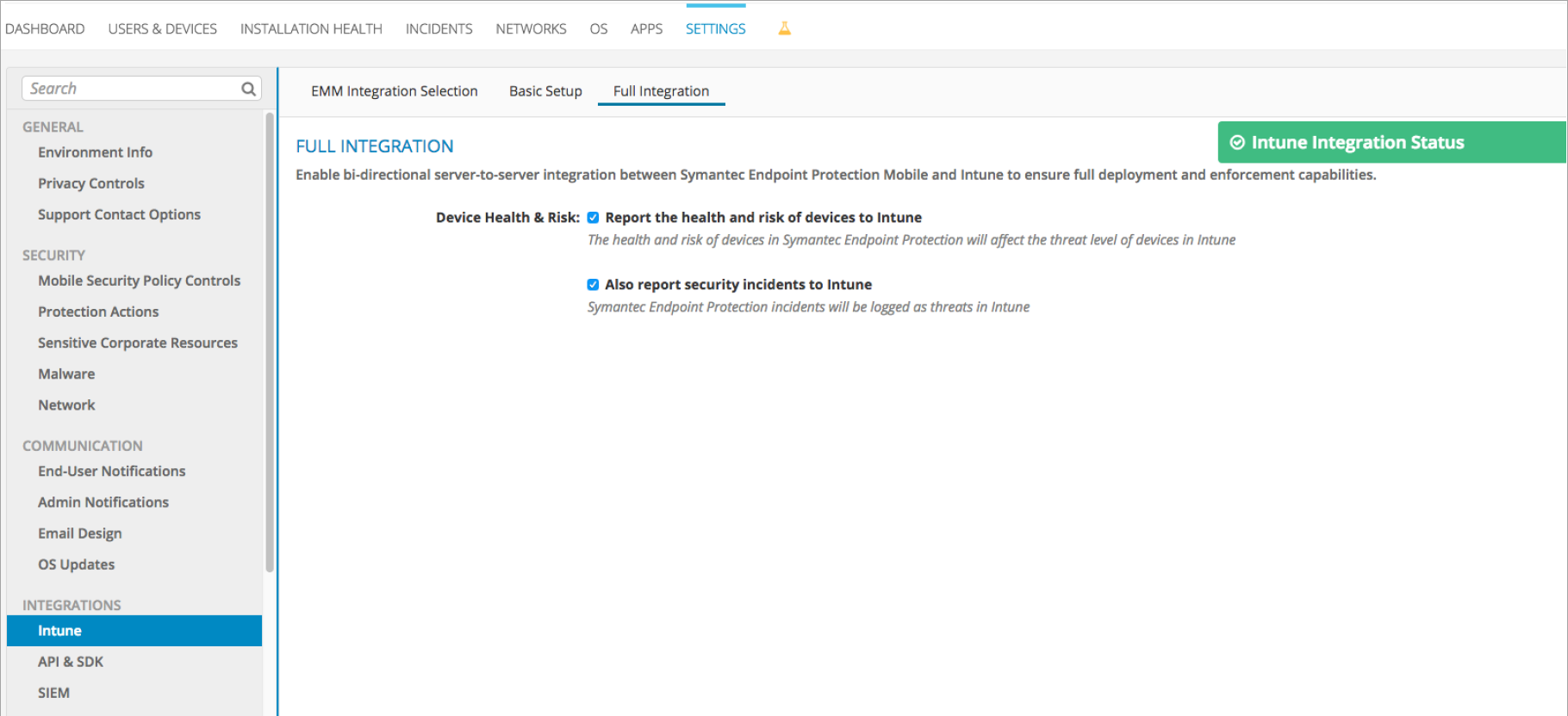 Image of Security group configuration on SEP Mobile management console