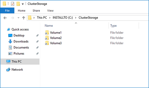 Screen capture shows a file explorer window titled ClusterStorage that contains volumes named Volume1, Volume2, and Volume3.