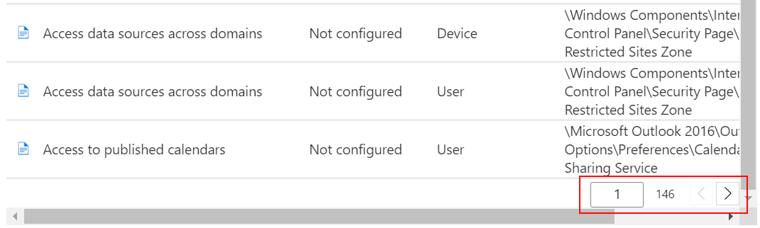 See a sample list of settings and use the previous and next buttons in Intune admin center and Microsoft Intune.
