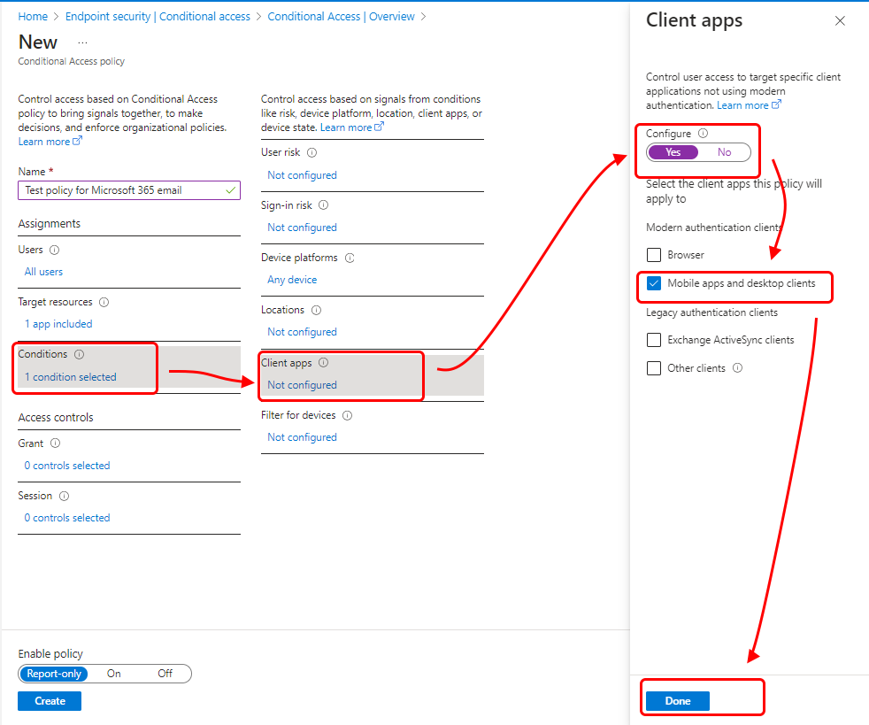 Select apps and clients as conditions for the policy.