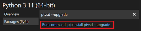 Captura de pantalla que muestra cómo seleccionar el comando ptvsd upgrade en la ventana Entornos de Python.