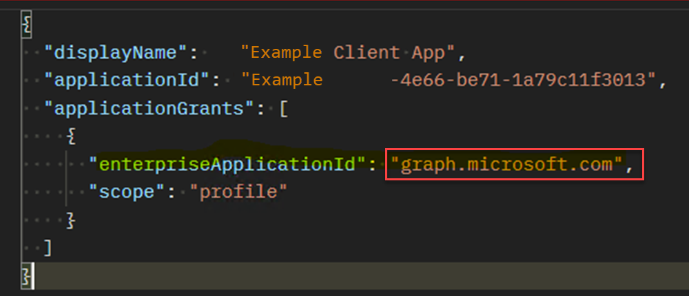 Capture d’écran d’une requête incorrecte, où enterpriseApplicationId utilise graph.microsoft.com.