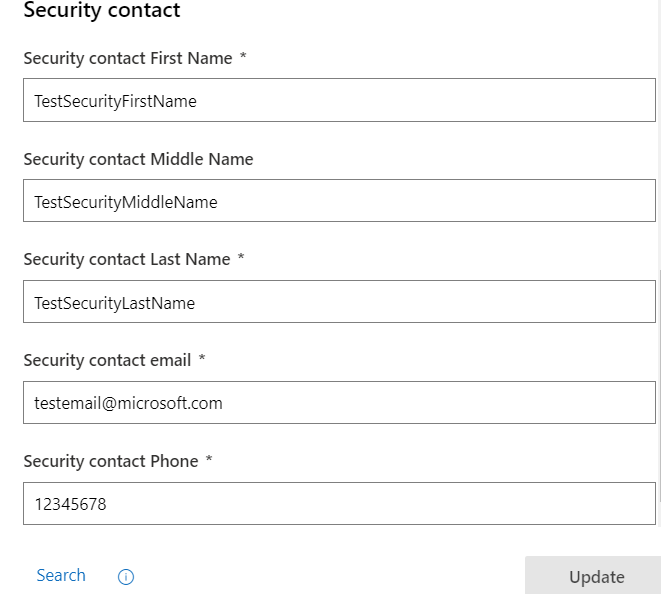 Capture d’écran montrant l’écran Espace partenaires pour entrer les informations de contact de sécurité.