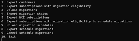 Screenshot del menu della riga di comando dello strumento di migrazione in blocco.