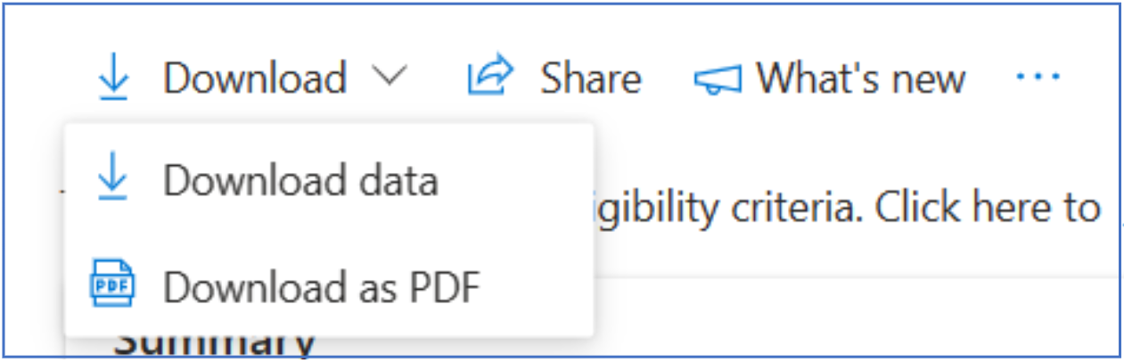 Screenshot dell'elenco a discesa download nella pagina del dashboard di riepilogo di Insights, che include selezioni per scaricare i dati o scaricarli come PDF.