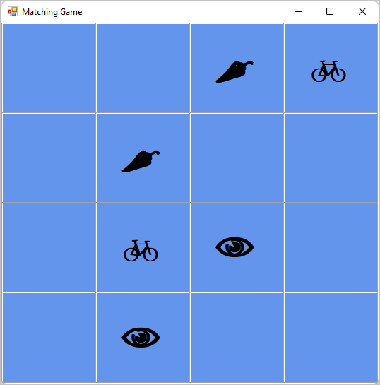 このチュートリアルで作成した照合ゲームのスクリーンショット。