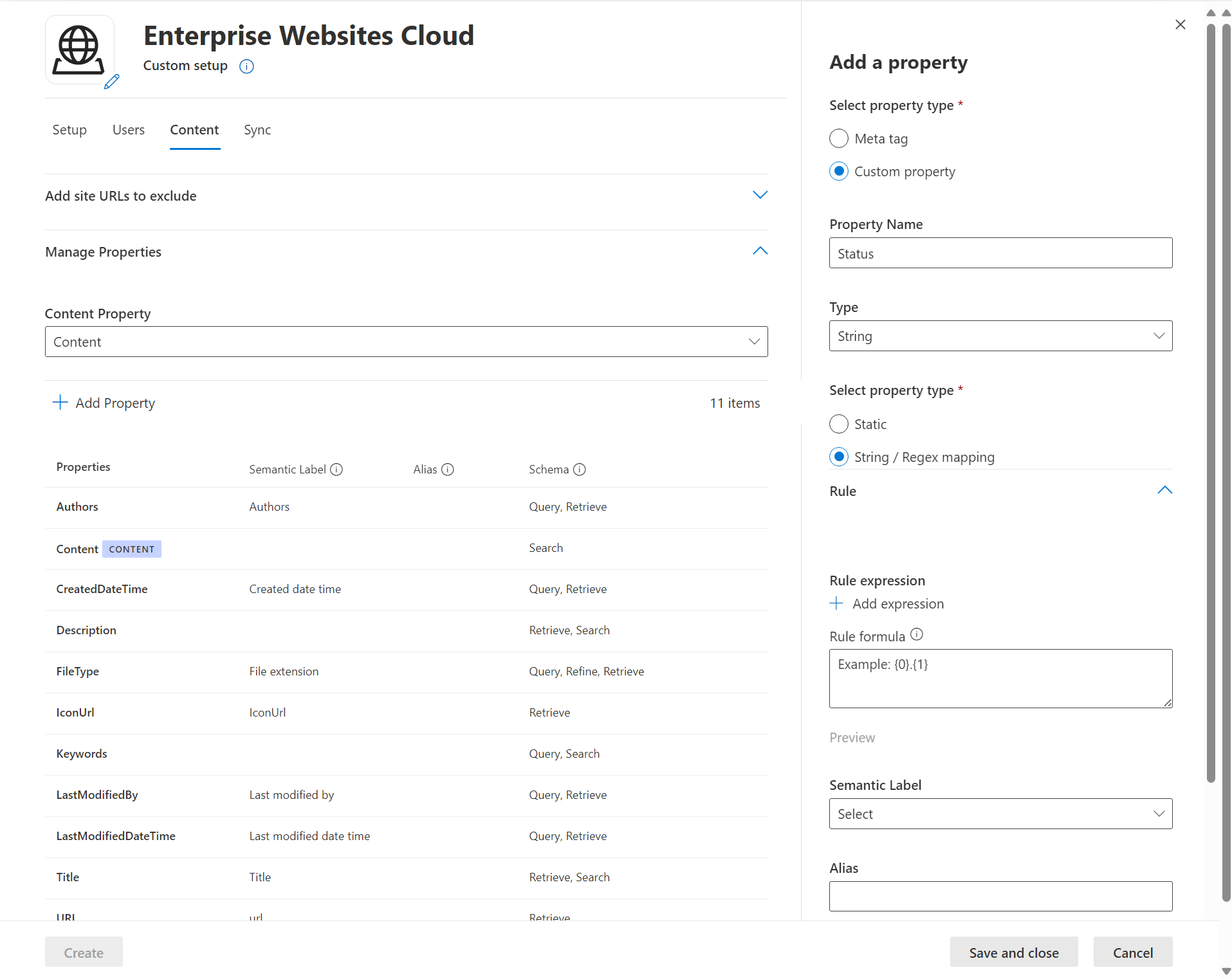 Screenshot that shows Content tab with custom property panel