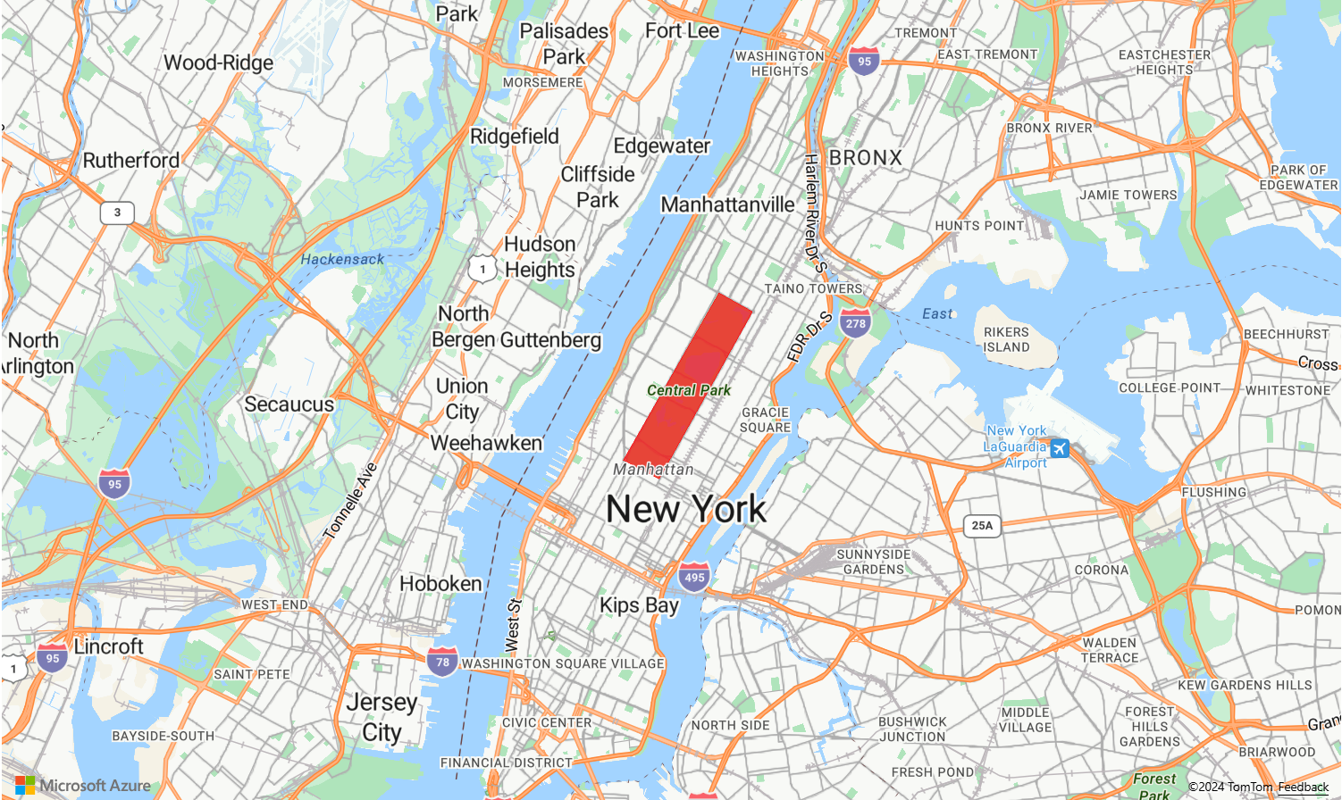 Uma captura de tela do mapa da cidade de Nova York demonstrando a camada de polígonos que cobre todo o Central Park com a Cor de preenchimento definida como vermelho e a Opacidade de preenchimento definida como 0,7.