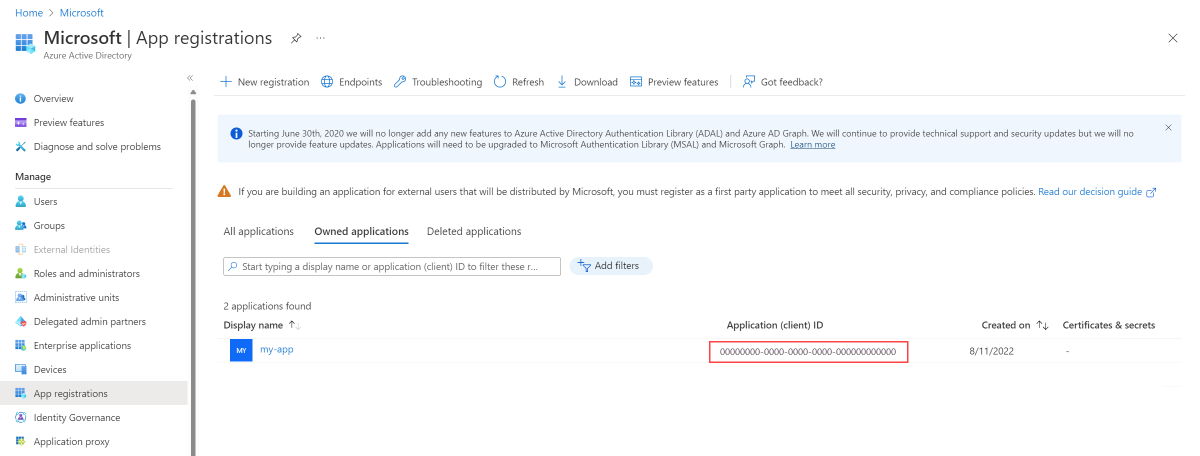 Captura de tela que mostra o aplicativo ou ID do cliente de um aplicativo Microsoft Entra.