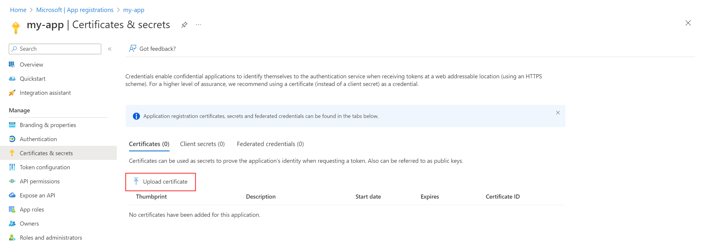 Captura de tela que mostra o carregamento de um certificado para um aplicativo do Microsoft Entra.
