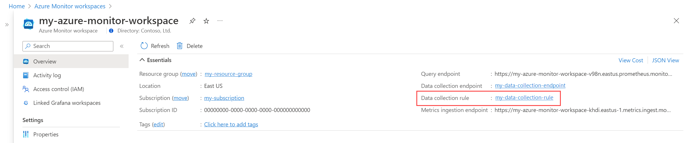 Captura de tela que mostra a regra de coleta de dados usada pelo espaço de trabalho do Azure Monitor.