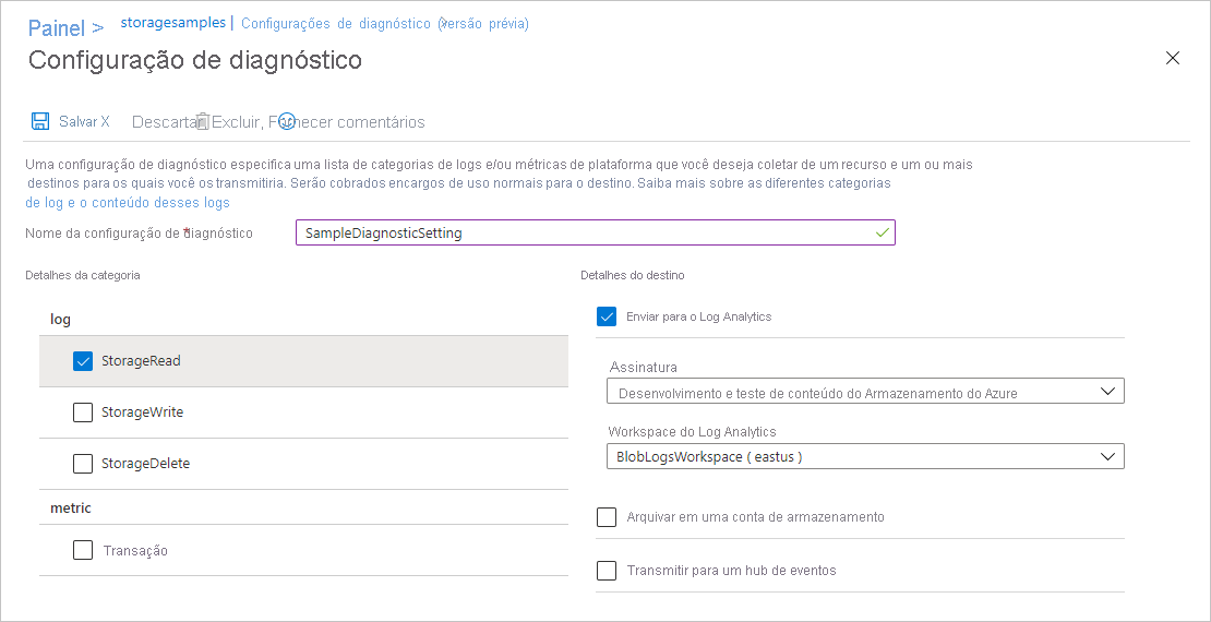 Captura de tela mostrando como criar uma configuração de diagnóstico para solicitações de log