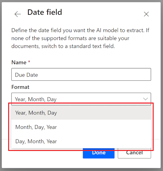Screenshot of 'Date field' formats.