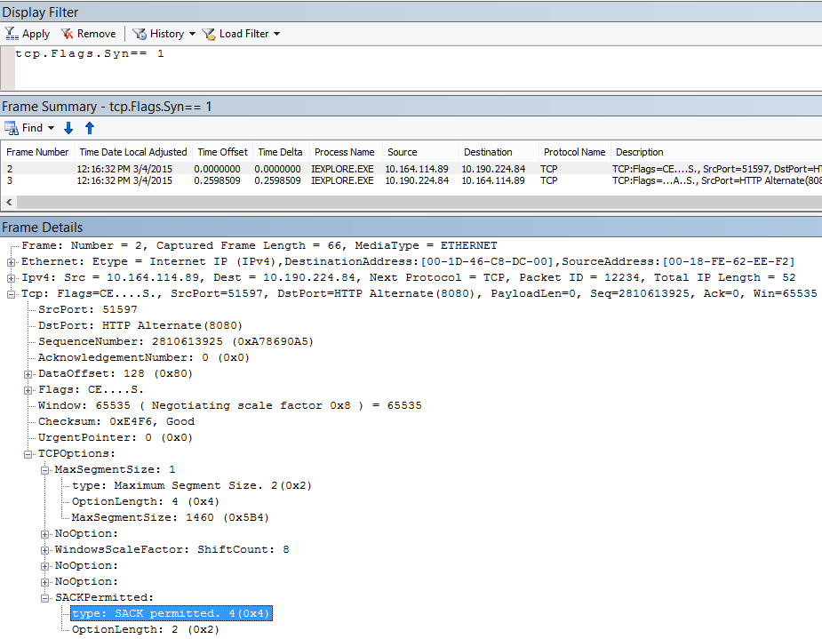 إقرار انتقائي (SACK) في Netmon نتيجة tcp.flags.syn == 1.