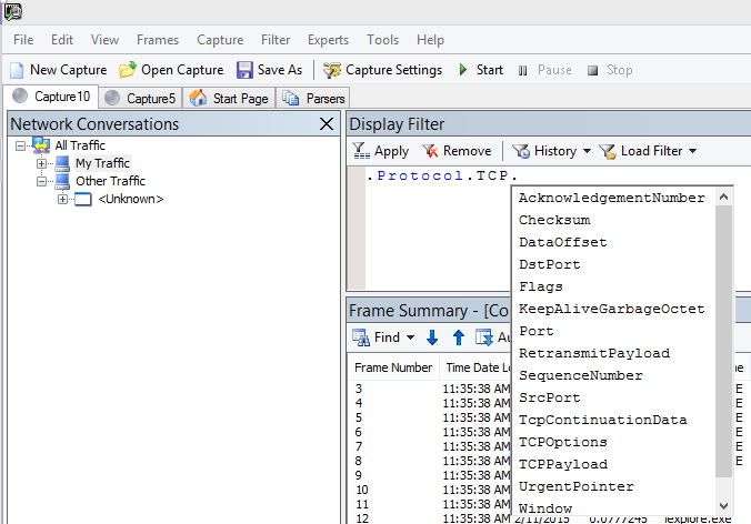 لقطة شاشة ل Netmon توضح أن حقل عامل تصفية العرض يستخدم intellisense.