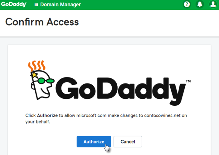 في صفحة تأكيد الوصول إلى GoDaddy، حدد Authorize.