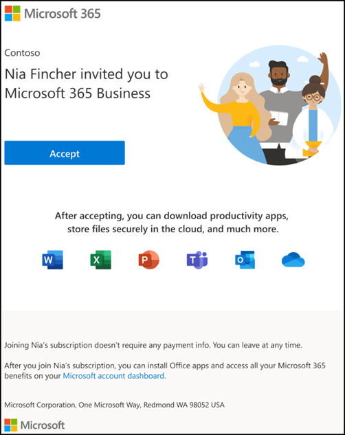 لقطة شاشة: قبول الدعوة للانضمام إلى مؤسسة Microsoft 365 للأعمال