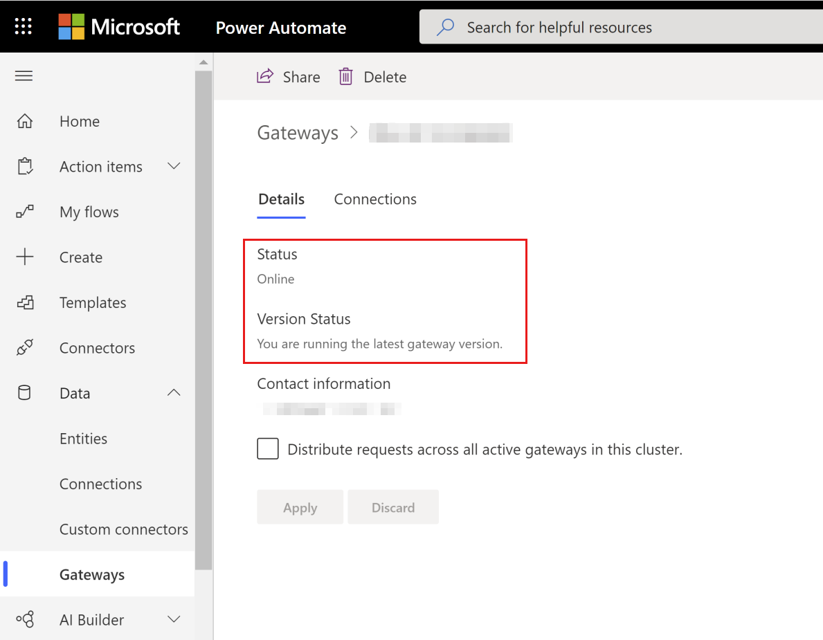 Screenshot to check the status of the gateway in Power Automate.