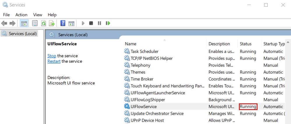 Screenshot to check if the U I Flow service is running.